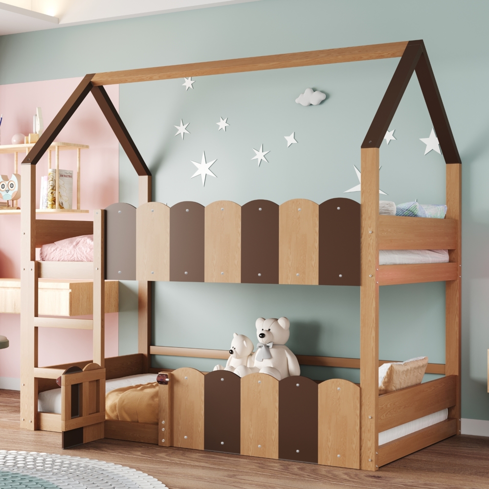 Hochbett Holzoptik Mit Hausdesign 90x200 Metall Konstruktion 120kg Tragkraft Kinderzimmer Spielbereich Klapptür Bild 1