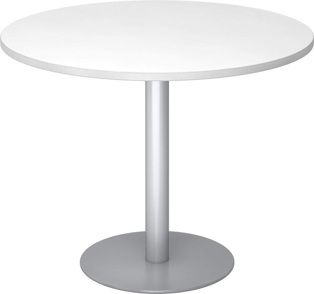 bümö Besprechungstisch, Esstisch klein, Tisch rund 100 cm - kleiner Esstisch weiß, Rundtisch Esstisch 2 Personen mit Holz-Platte, Säule aus Metall in silber, Konferenztisch, Bistrotisch, STF10-W-S Bild 1