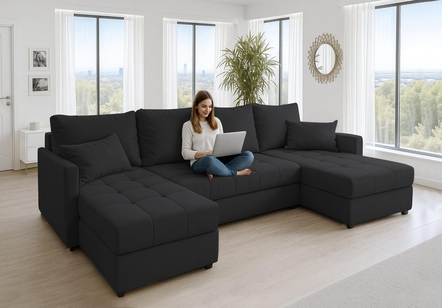 AX LIVING Ecksofas groß Dolceo 287 cm – Sofa schwarz mit Schlaffunktion Bild 1