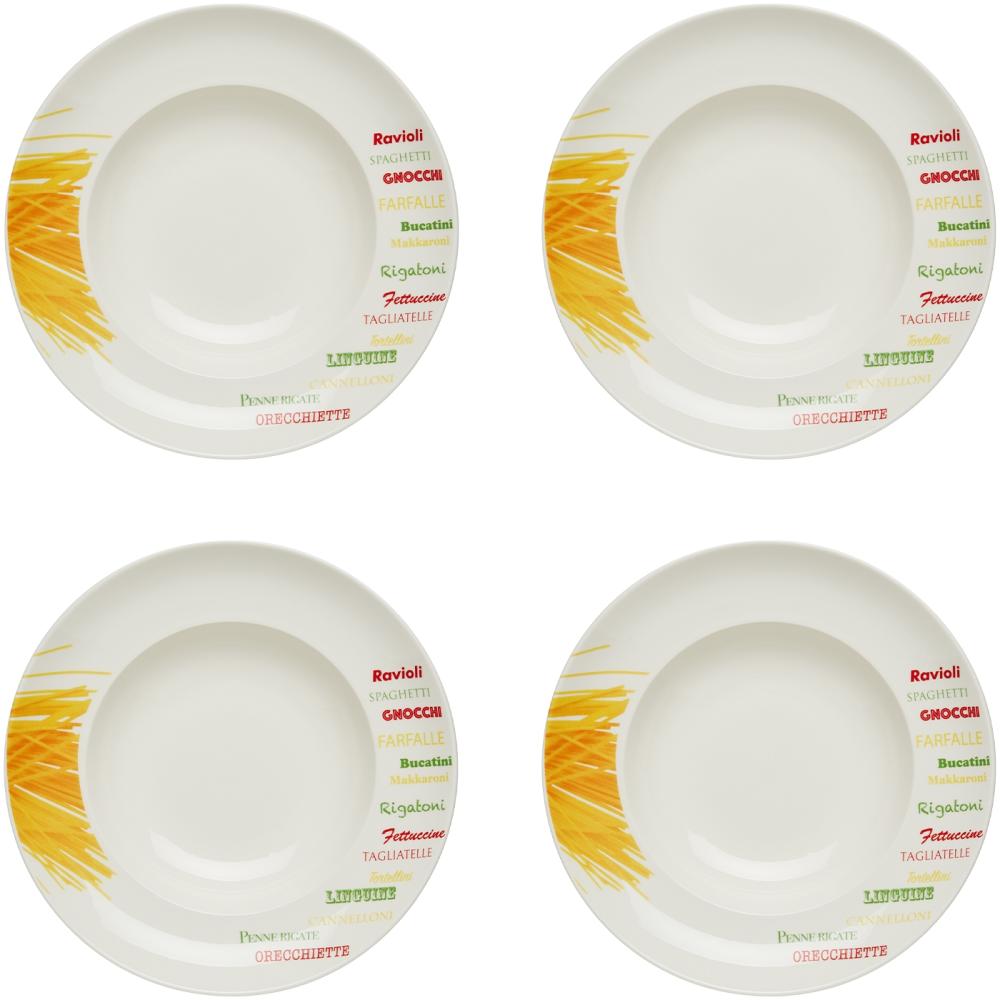 KHG 4er Set Pastateller, extra groß mit 30cm Durchmesser in Nudelsorten Print, perfekt für Gastro und Zuhause, hochwertiges Porzellan, Suppenteller, Salatteller, Spülmaschinengeeignet Bild 1