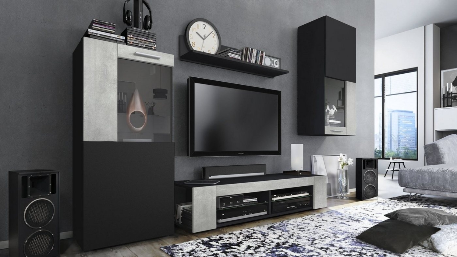 Vladon Wohnwand Movie, Anbauwand bestehend aus 1 TV-Board, 2 Vitrinen und 1 Regal, Schwarz matt/Schwarz matt/Beton Oxid-Optik (Gesamt: 300 x 190 x 39 cm) Bild 1