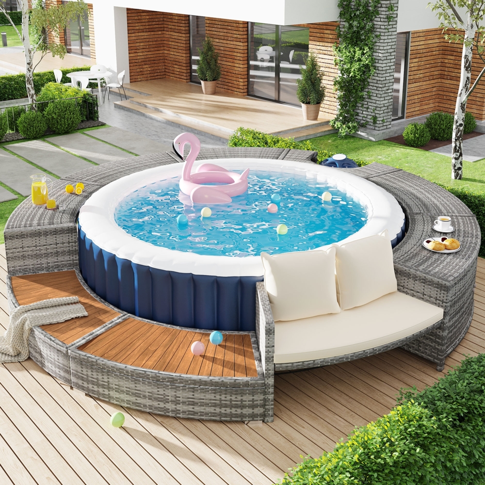 Merax Spa-Pool, Gartenmöbel-Set, Poolumrandung, PE-graues Rattan und Akazienholz, mit Stauraum, Lounge-Set, für Whirlpool und Pool Bild 1