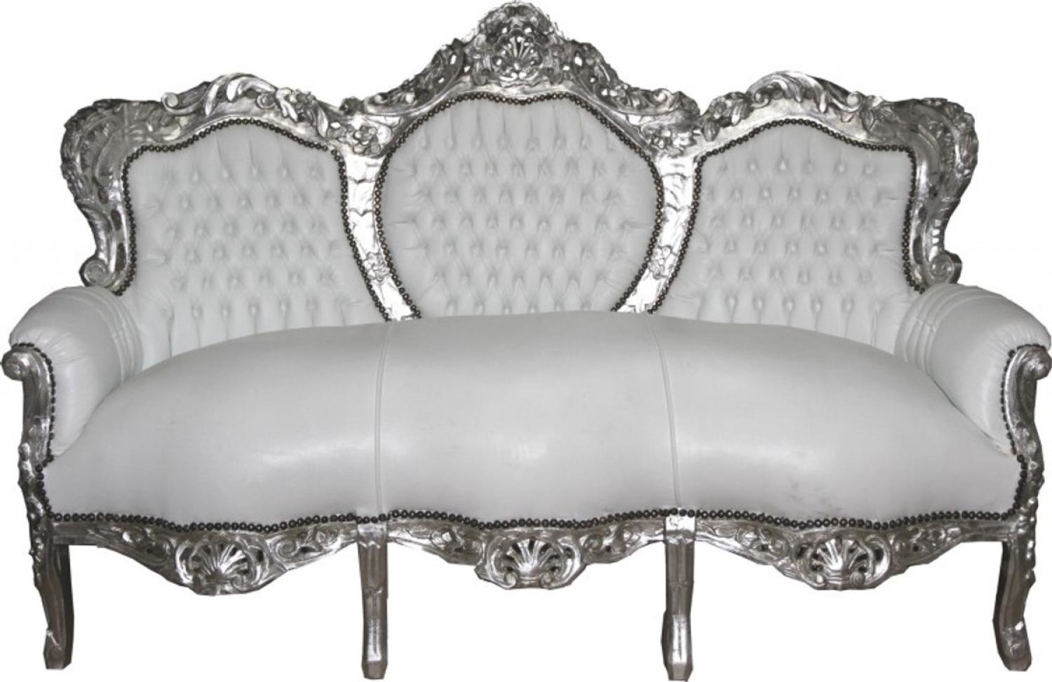 Casa Padrino Barock Sofa King Weiß/Silber Lederoptik - Möbel Wohnzimmer Bild 1