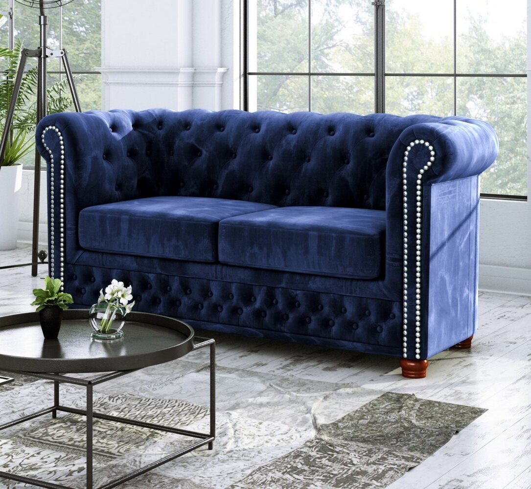 S-Style Möbel Chesterfield-Sofa Leeds 2-Sitzer aus Samt-Stoff mit Holzfüßen, mit Wellenfederung Bild 1