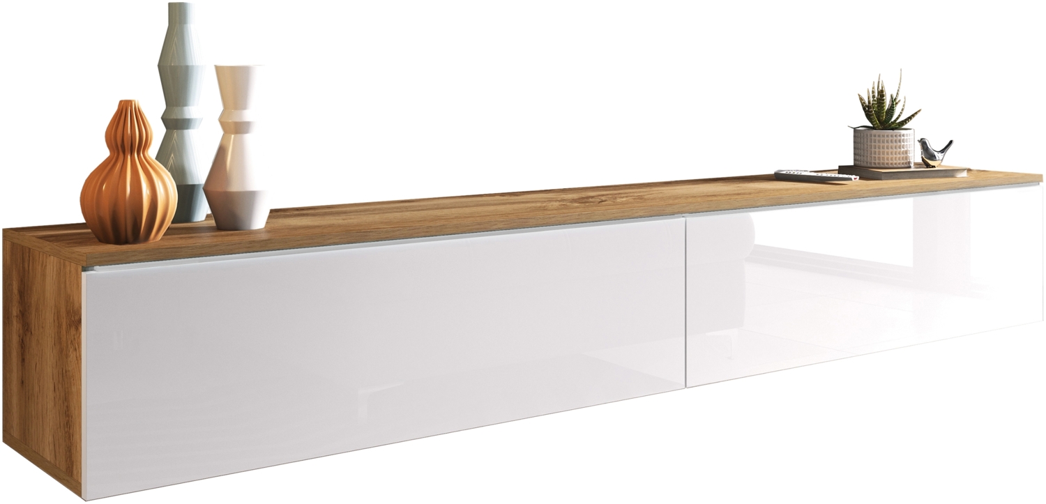 TV-Lowboard Stone 180, ohne Beleuchtung, Farbe: Wotan / Weiß Hochglanz Bild 1