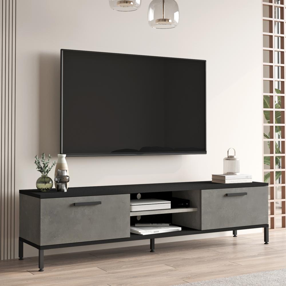 Fernsehtisch Lempäälä mit 2 Ablagefächern 160 x 35 x 39 cm Betonoptik/Schwarz [en. casa] Bild 1