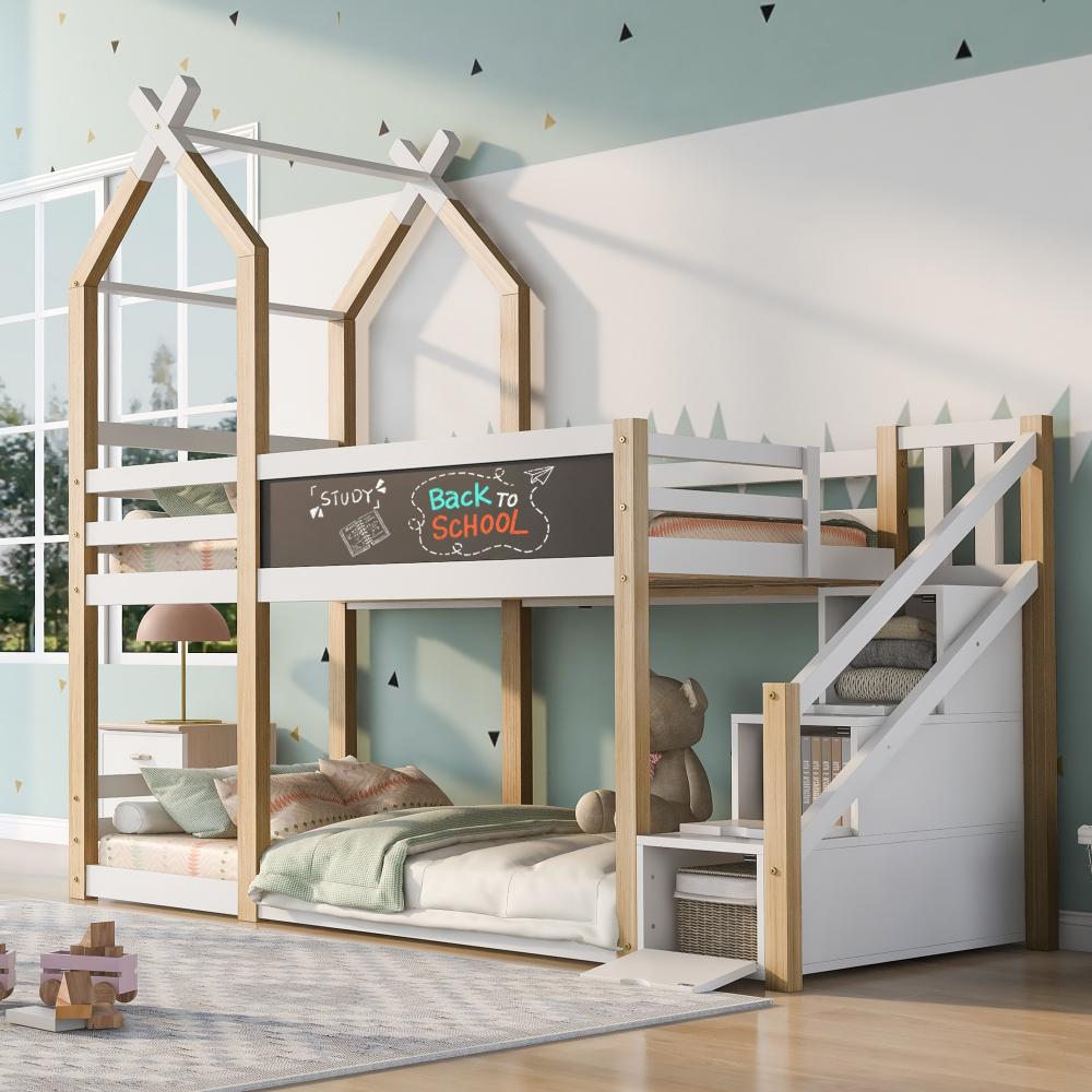 Merax Kinderbett Baumhaus inkl. Tafel Bett mit Speicherung und Rausfallschutz 90 x 200 cm, Hochbett für Kinder– 2x Lattenrost- Natur & Weiß(ohne Matratze) Bild 1