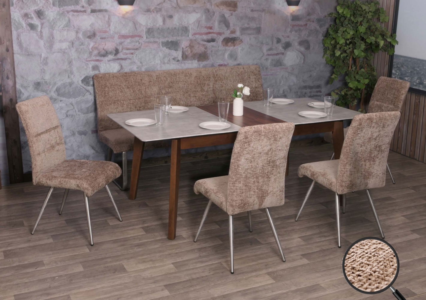 Esszimmer-Set HWC-G55, 4er-Set Stuhl + Sitzbank 180cm, Edelstahl gebürstet Stoff/Textil Chenille ~ braun Bild 1