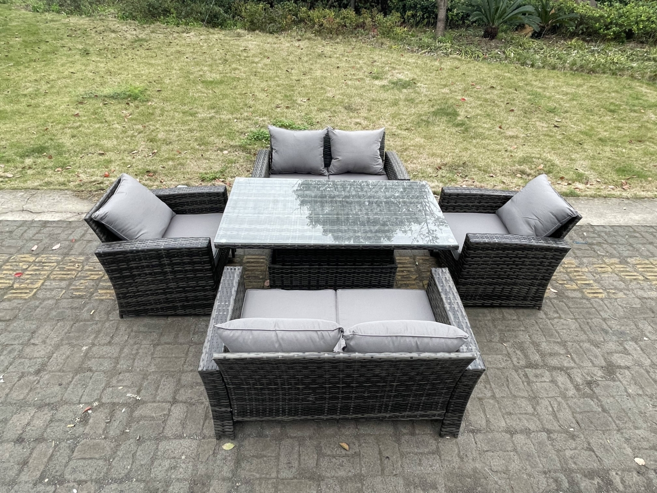 Fimous Polyrattan Gartenmöbel Set Einstellbare Höhe Esstisch Sessel Liebe Sofa Sets mit 6-Sitzer Bild 1