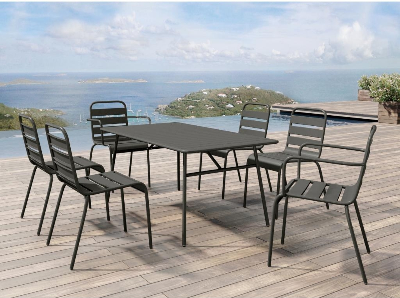 Vente-unique - Garten-Essgruppe: Tisch D. 160 cm + 2 stapelbare Sessel + 4 stapelbare Stühle - Metall - Anthrazitgrau - MIRMANDE von MYLIA Bild 1