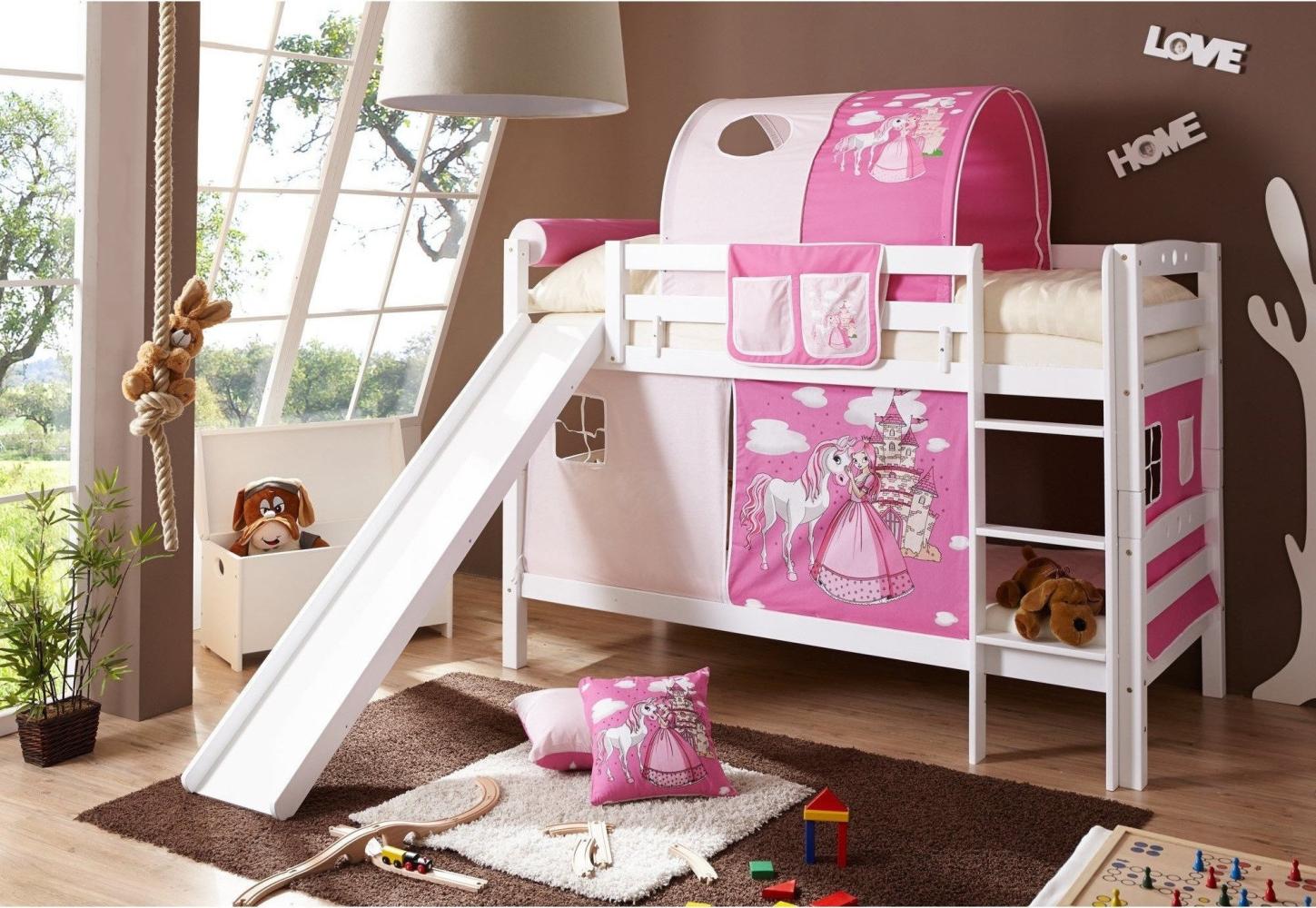 Ticaa Etagenbett mit Rutsche Lupo Buche weiß mit Textilset 'Horse Pink' Bild 1