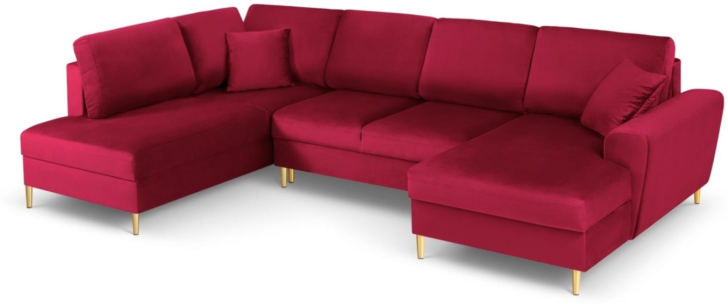 Micadoni 7-Sitzer Samtstoff Panorama Sofa Links mit Box und Schlaffunktion Moghan | Bezug Red | Beinfarbe Gold Metal Bild 1