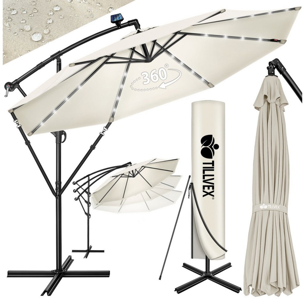 tillvex Alu Ampelschirm Beige LED Solar Ø 300 cm mit Kurbel | Sonnenschirm mit An-/Ausschalter | Gartenschirm UV-Schutz Aluminium | Kurbelschirm mit Ständer Marktschirm wasserdicht Bild 1