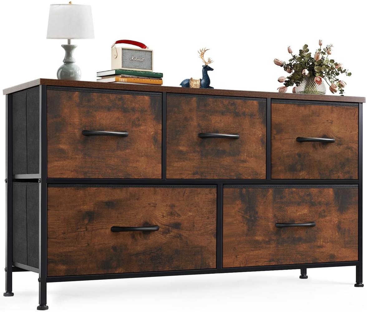 Sweetcrispy Kommode,Sideboard Wohnzimmer für Schlafzimmer mit 5 Stoffschubladen,Einstellbare Füße Schubladenschrank,Komodenschrank für Schlafzimmer,Modernes Braun Bild 1