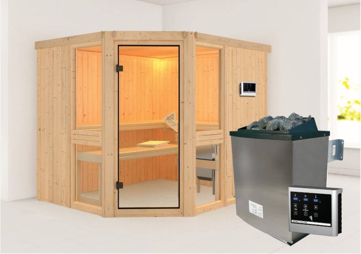 Karibu Sauna Amelia 3 + 9kW Saunaofen mit ext. Steuerung Bild 1