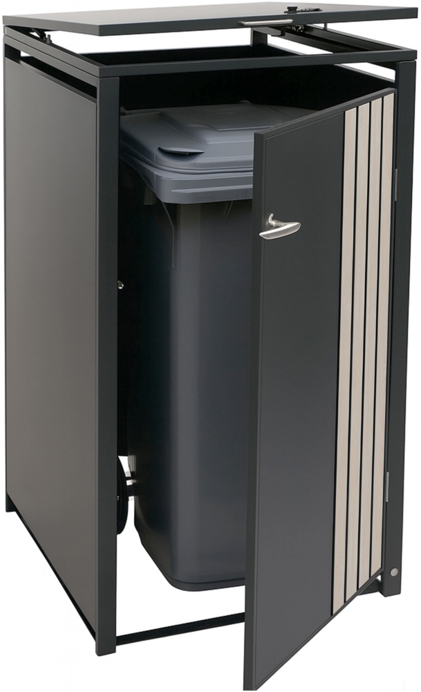 1er-Mülltonnenverkleidung HWC-O67, Mülltonnenbox mit Deckel, Metall 122x68x84cm 35kg ~ anthrazit Holzoptik hell Bild 1