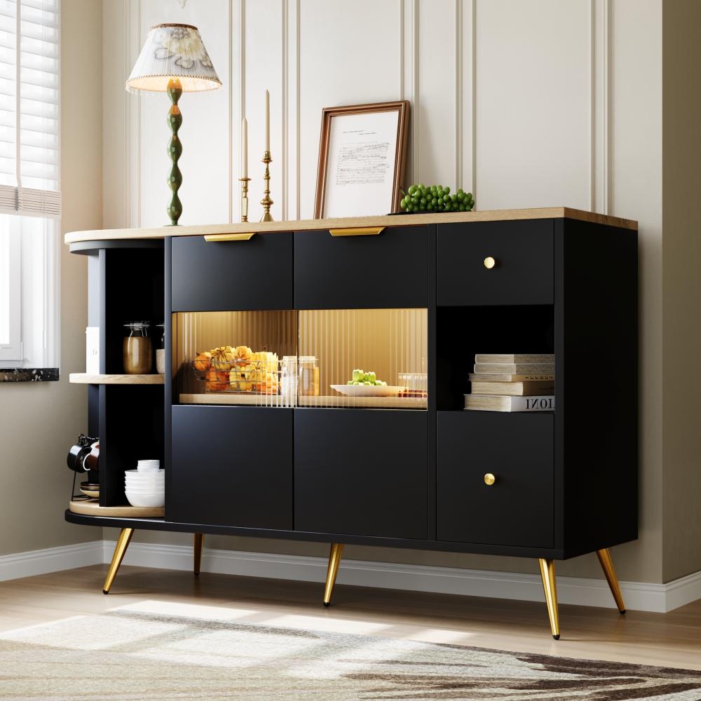 Merax Sideboard Kommode mit 360° drehbar Regal, mit 2 Glasstüren und 2 Schubladen, mit LED-Beleuchtung Konsolentisch Wohnzimmer, 130*40*80cm, Schwarz Bild 1