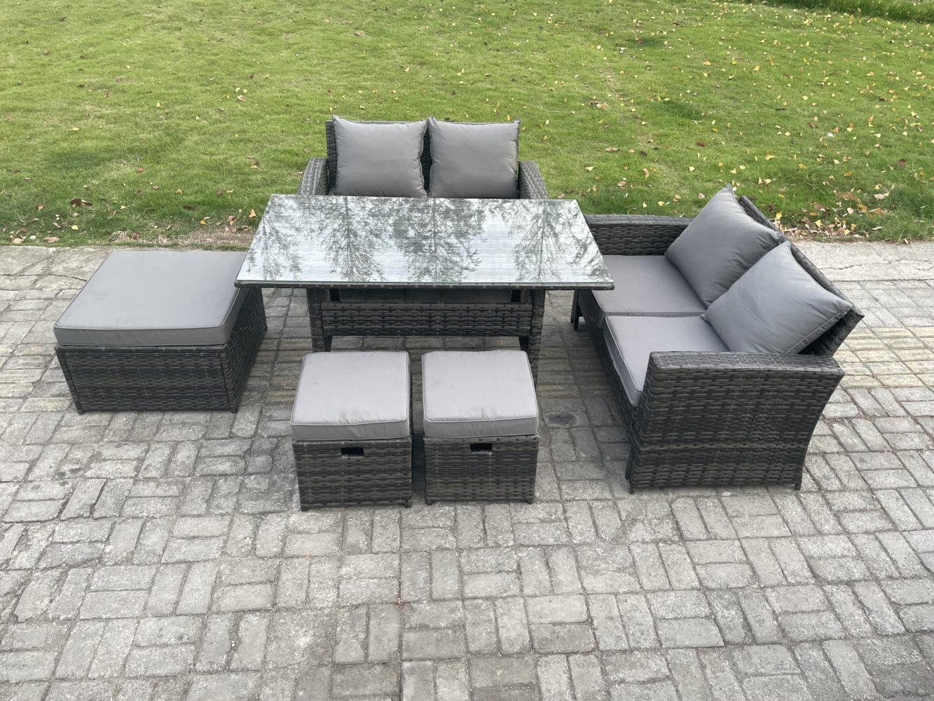 Fimous 7 Sitzer Hoher Rücken Gartengartenmöbel Rattan Sofa Esstisch Set mit 3 Fußhockern Dunkelgrau gemischt Bild 1