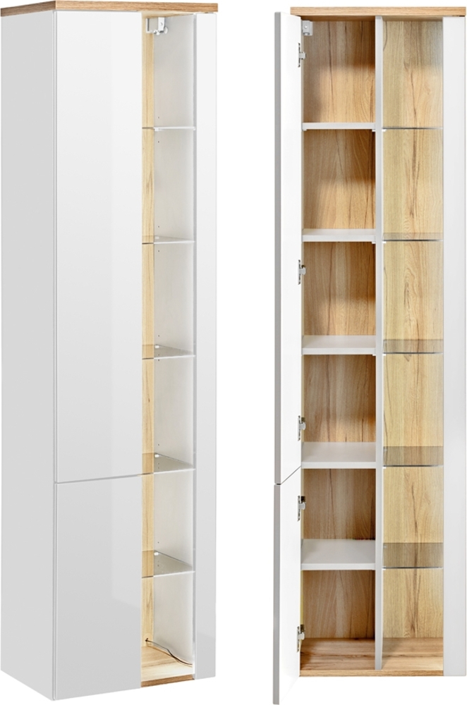 Badezimmer Hochschrank mit LED-Beleuchtung BERMUDA-56 in weiß Hochglanz mit Wotaneiche B/H/T 45/170/33cm Bild 1