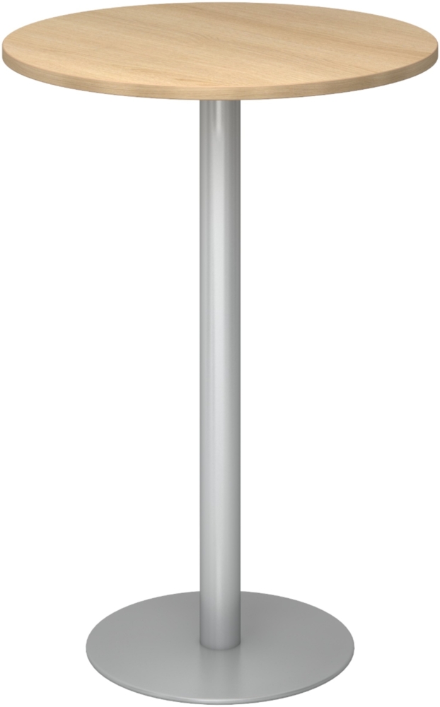 bümö Stehtisch Büro, Bistrotisch rund 80 x 80 cm - Bartisch Eiche, Stehtisch Holz-Platte, Säule aus Metall in silber, Buffettisch, Säulentisch, Partytisch, Thekentisch, Hochtisch, Barmöbel, STH08-E-S Bild 1