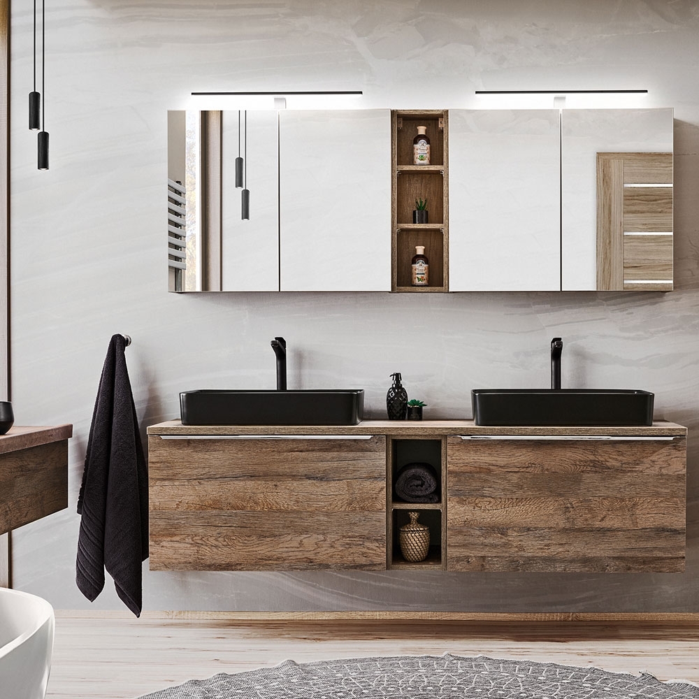 Badmöbel Komplett-Set in Vintage Oak Eiche PUEBLA-56 Doppel-Waschtisch mit 2 Keramik-Waschbecken, 2 LED-Spiegelschränke, B/H/T 180,4/200/46 cm Bild 1