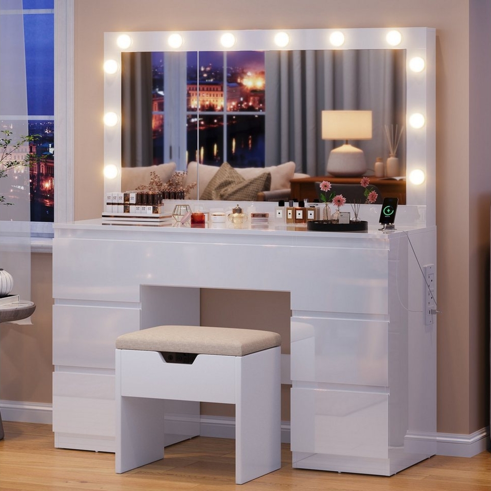 HOMALL Schminktisch Großer Schminktisch, Maße 120 x 40 x 140 cm, mit Schmuckschrank (LED-Beleuchtung und Steckdosen, großer Spiegel 105 cm, mit 7 Schubladen, optionaler Hocker) Bild 1