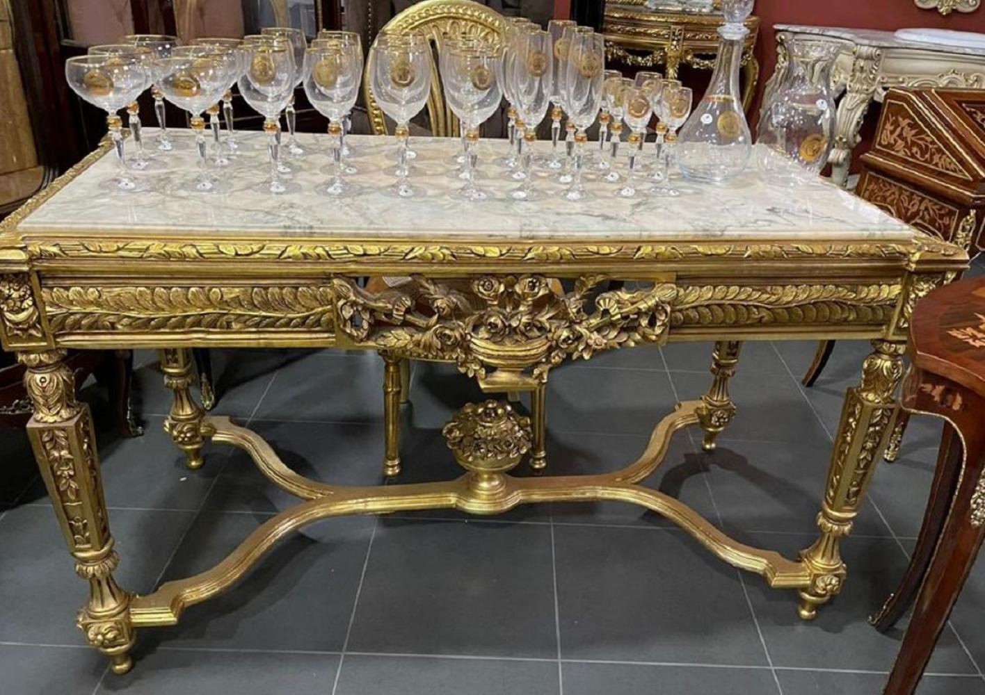 Casa Padrino Barock Esstisch Gold / Weiß - Rechteckiger Massivholz Esszimmertisch mit Marmorplatte - Esszimmer Möbel im Barockstil - Barock Möbel - Edel & Prunkvoll Bild 1