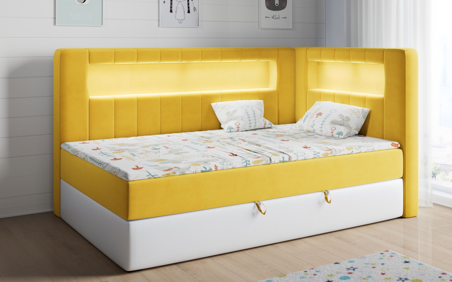 Boxspringbett mit LED, Einzelbett mit Bettkasten und Topper - JUNIOR GOLD 3 - 90x200 cm - Gelb und Weiß - Rechte Seite Bild 1