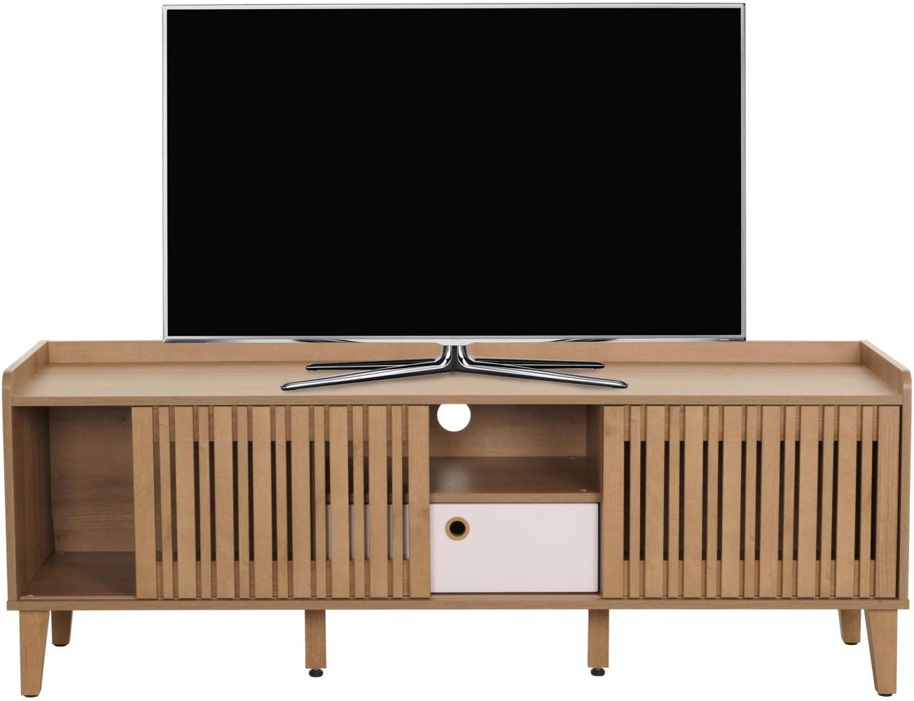 TV-Rack HWC-M48, Lowboard TV-Schrank, Schiebetür 56x150x40cm ~ natur, Schublade weiß Bild 1