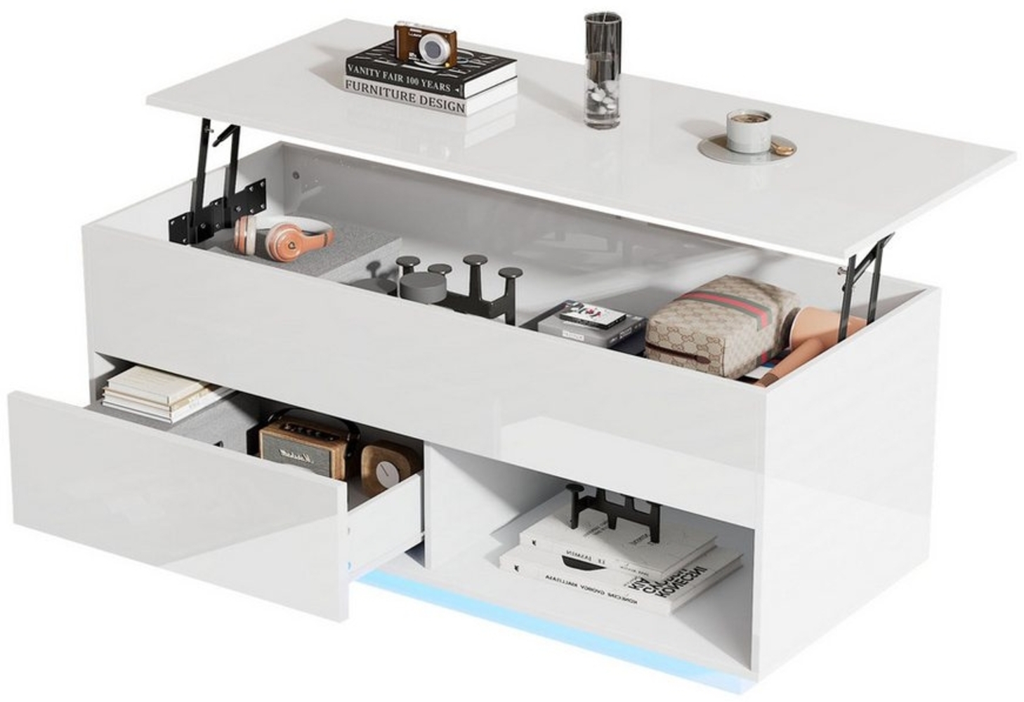 Merax Couchtisch Hochglanz-Lift-Top-Wohnzimmertisch (1-St, 100x50x55 cm), Satztisch mit LED-Beleuchtung,Beistelltisch mit Schublade und Stauraum Bild 1