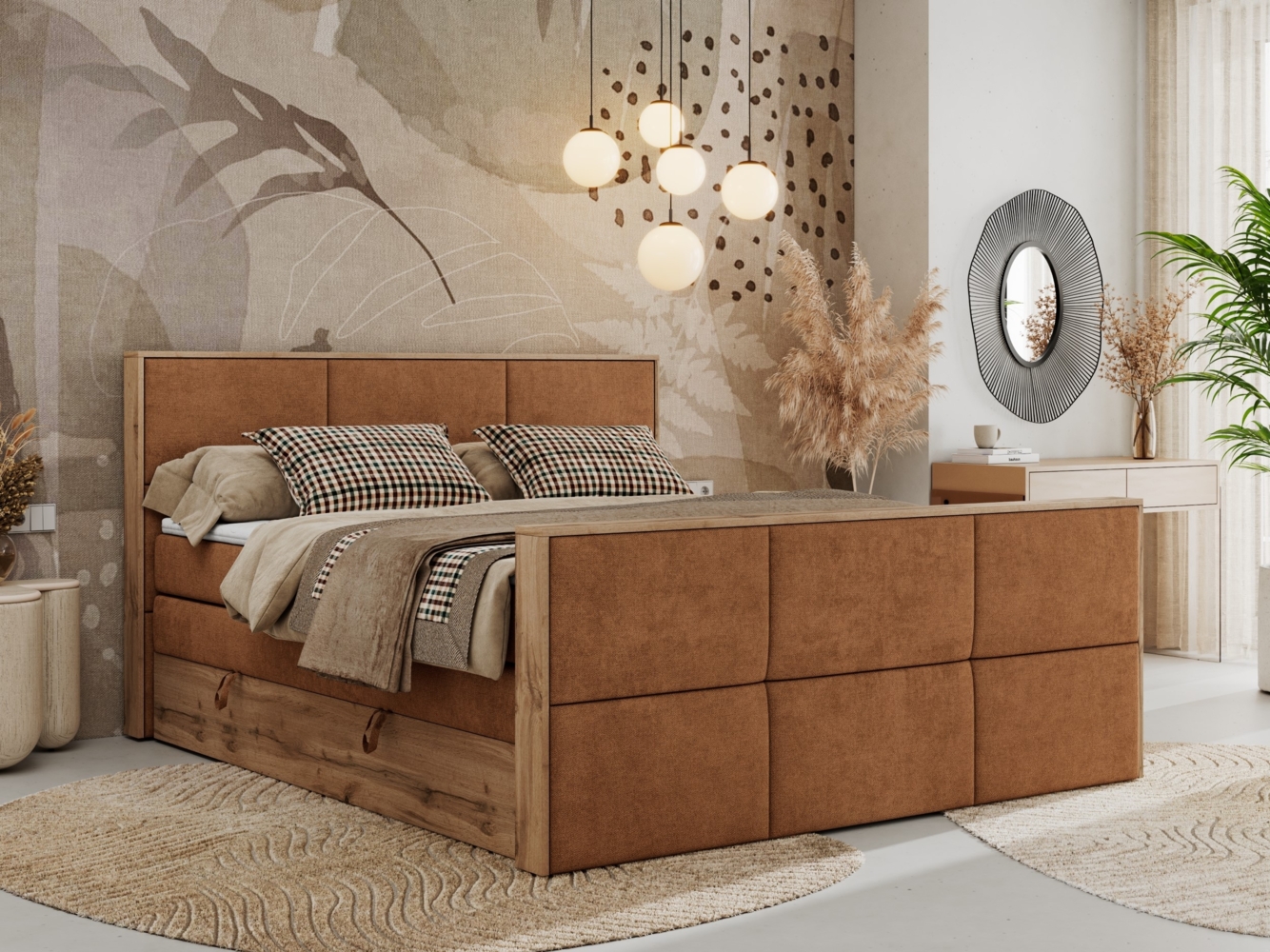 Doppelbett, Boxspringbett mit zwei Multipocket-Matratzen und ein Topper, Bettkästen, Eiche Wotan Holzrahmen, genähtes Kopfteil und Front - ALBERO 2 KING DUO - 140 x 200 cm - Orange Stoff - H3 Bild 1