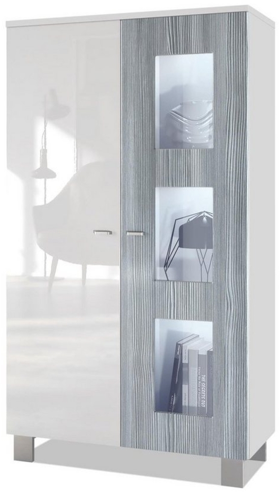 Vladon Vitrine Denjo, Standvitrine mit 2 Türen und 3 Glaseinsätzen, Weiß matt/ Weiß Hochglanz Avola-Anthrazit, inkl. LED-Beleuchtung (71 x 129 x 35 cm) Bild 1