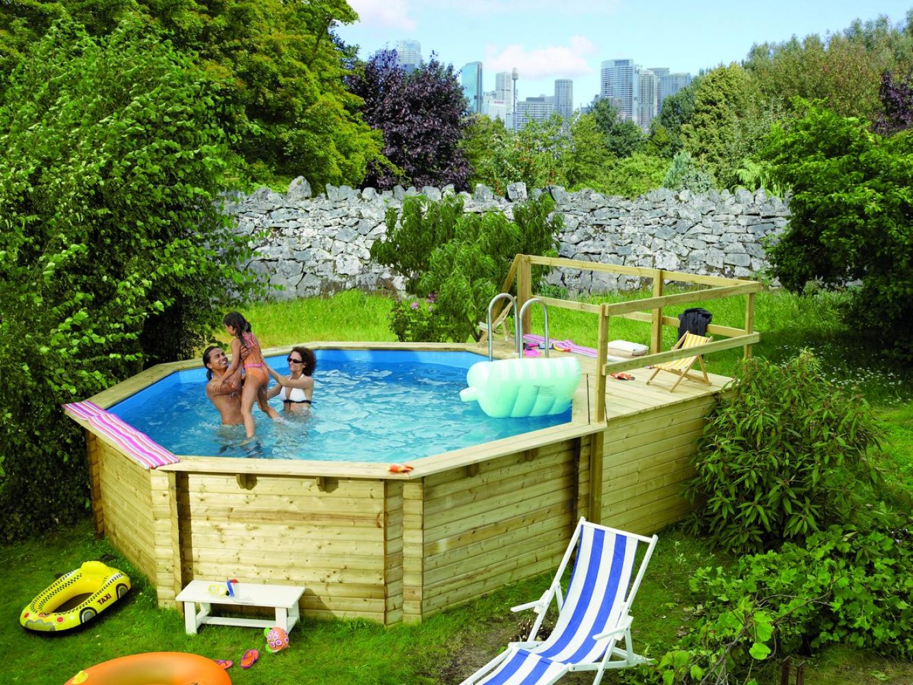 Karibu Pool Modell 2C Classic 470x550 cm, Holz kdi mit blauer Poolfolie Bild 1