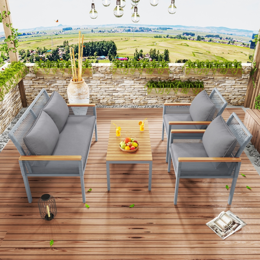 Merax Gartenlounge-Set, Gartenmöbel Set mit bequemem Kissen, Doppelsofa ,2 Sessel und Tisch, Outdoor, Rattan, Tisch und Stühle, grau Bild 1