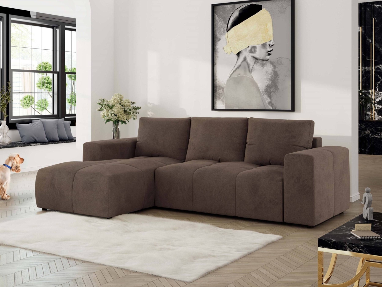 Ecksofa mit Schlaffunktion und Bettkasten, L-form Couch, lose Kissen, Polstersofa - MONIVA - Braun Velours - linke Seite Bild 1