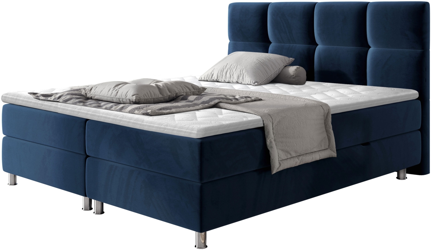 Mirjan24 'Evan' Boxspringbett mit Bettkästen, Bonellfederkernmatratzen & Topper, Kopfteil gesteppt und gepolstert, Blau, 180x200 cm Bild 1