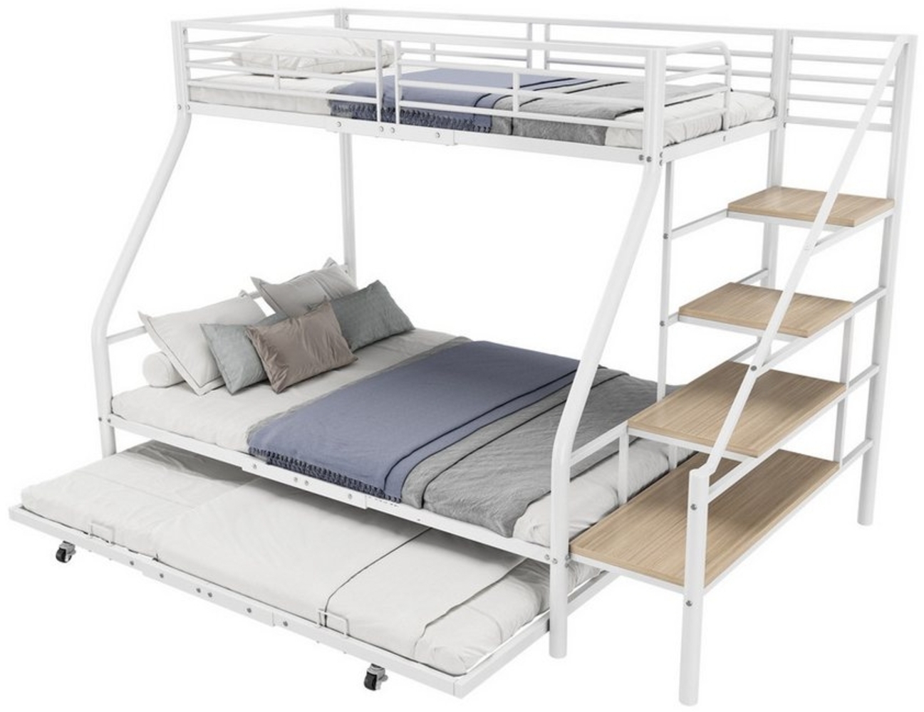 OKWISH Etagenbett Jugendbett Metallbett Kinderbett, Eisenbett mit Ausziehbett (Stabiles Etagenbett mit ausziehbarem Gästebett perfekt für kleine Räume, 90*200 cm), ohne Matratze Bild 1