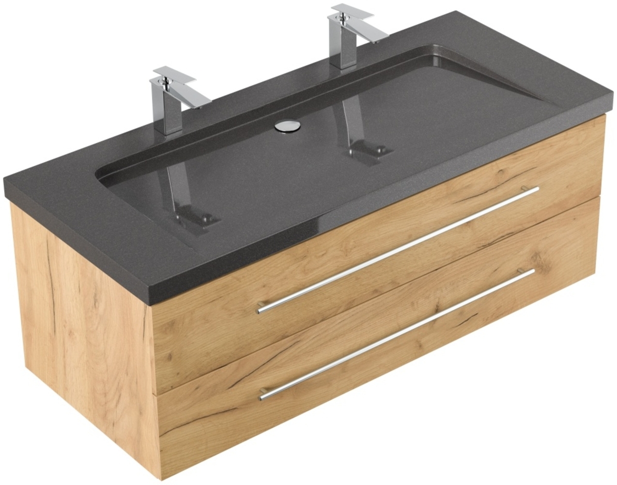 Badmöbel Granit India Black Damo 130 cm 2 Hahnlöcher SoftClose eiche gold : Eiche Gold Bild 1