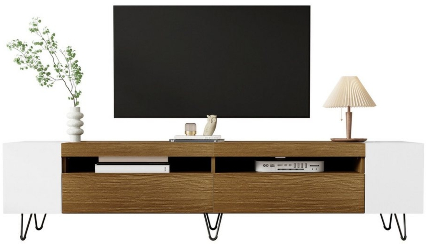 BlingBin Lowboard Moderner TV-Schrank, TV-Möbel mit Metallbeine, TV-Board (1er Set, 1 St, 180 x 36 x 43 cm, Produktladung: 60KG), Stabil und Langlebig, MDF und Spanplatte, Weiß & Holzfarbe Bild 1