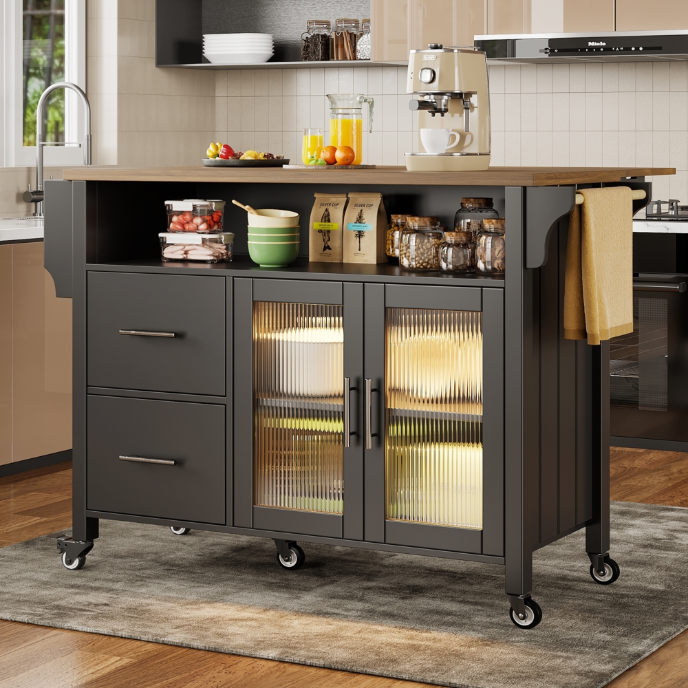 Merax Kücheninsel mit herausnehmbaren Trennwänden, Speisewagen mit Arbeitsplatte, Buffetschrank, Speisewagen mit Glasvitrine in Holzmaserung, LED-Leuchten, seitlicher Handtuchhalter mit Rollen, Schwarz Bild 1