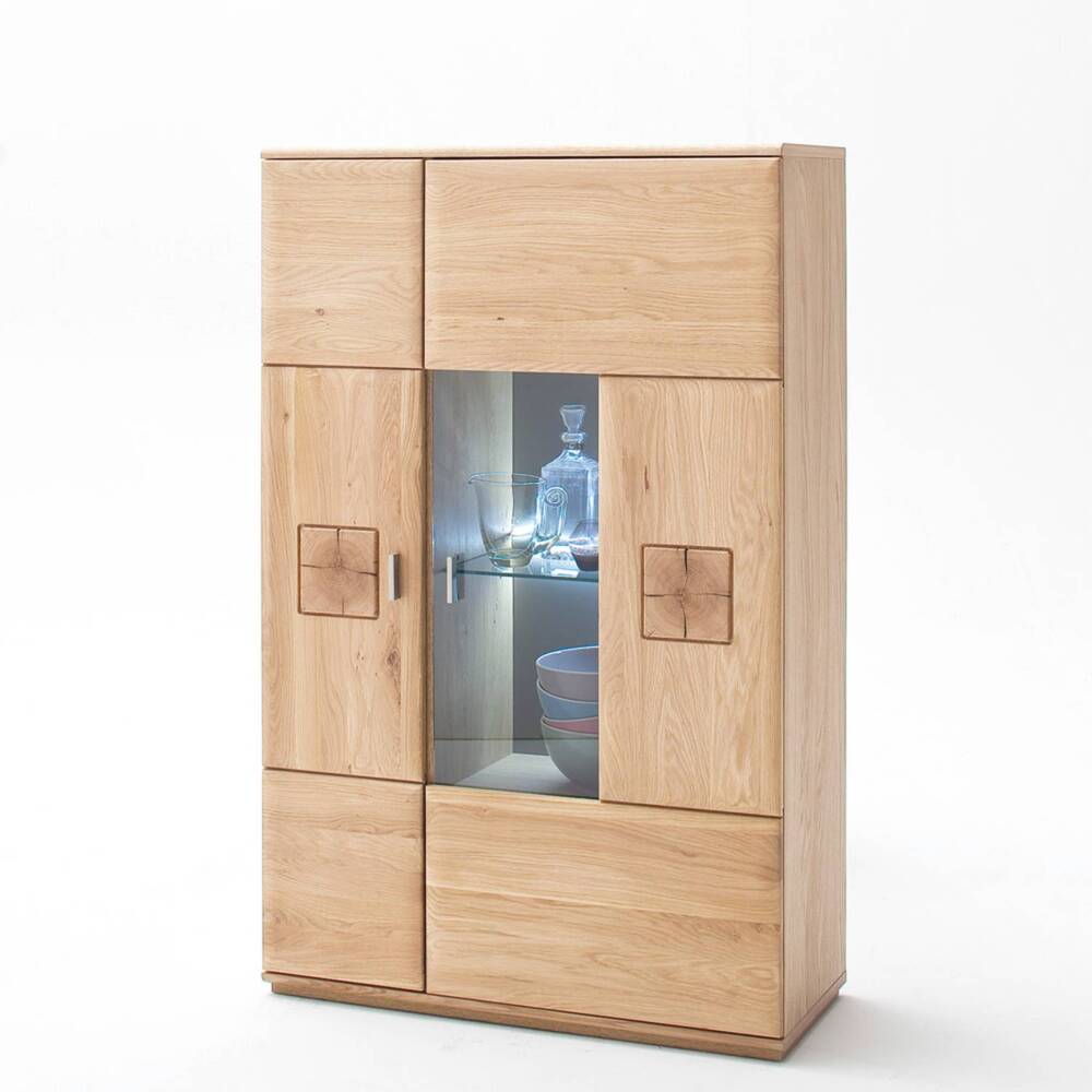 Großes Wohnzimmer Highboard BADALONA-05 in Eiche Bianco massiv, rechts mit Glaseinsatz - B/H/T: 90/141/38cm Bild 1