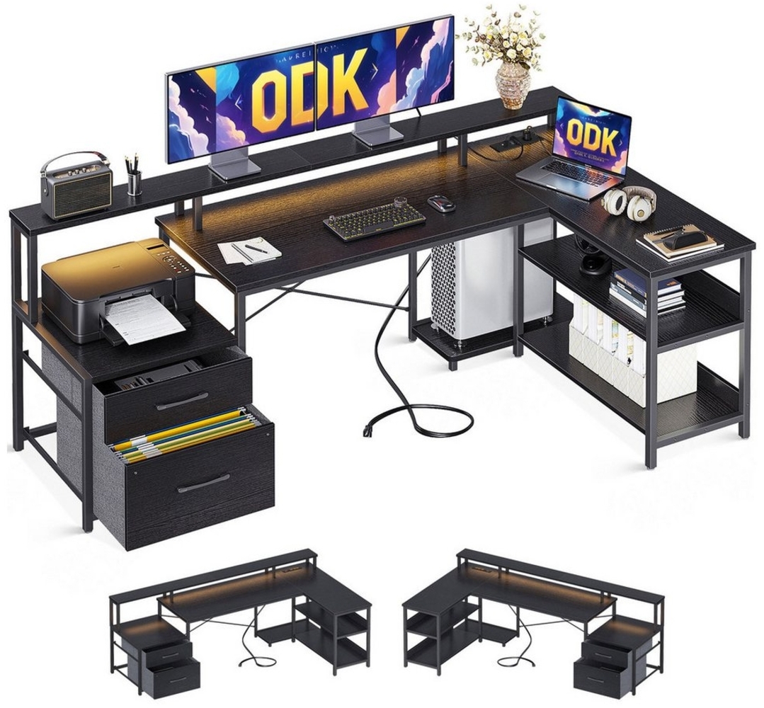 ODK Computertisch L Form Reversibel Eckschreibtisch Groß mit LED Steckdosenleiste (1-St), Ladegerät und Monitorständer, 172.3×100cm Bild 1
