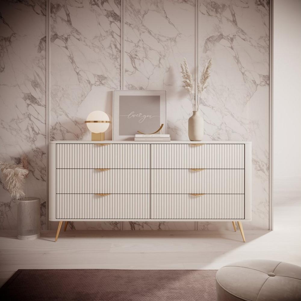 Furnix Kommode Katine 163 cm Design Sideboard mit 6 Schubladen Metallfüße, Leise schließende Schubladen, Deign & Funktionalität Bild 1