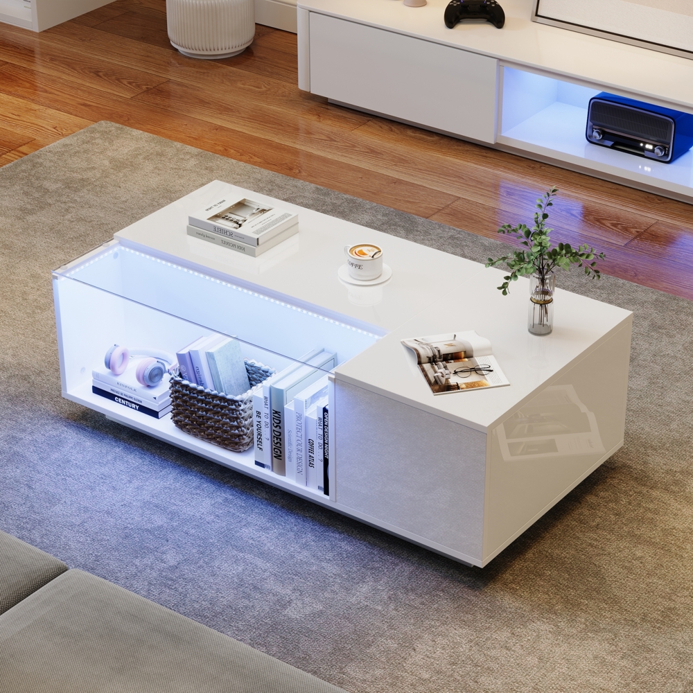 Couchtisch Weiß Hochglanz mit Glasplatte & LED Beleuchtung, 2 Schubladen, App-Steuerung, 100x50x35 cm Bild 1