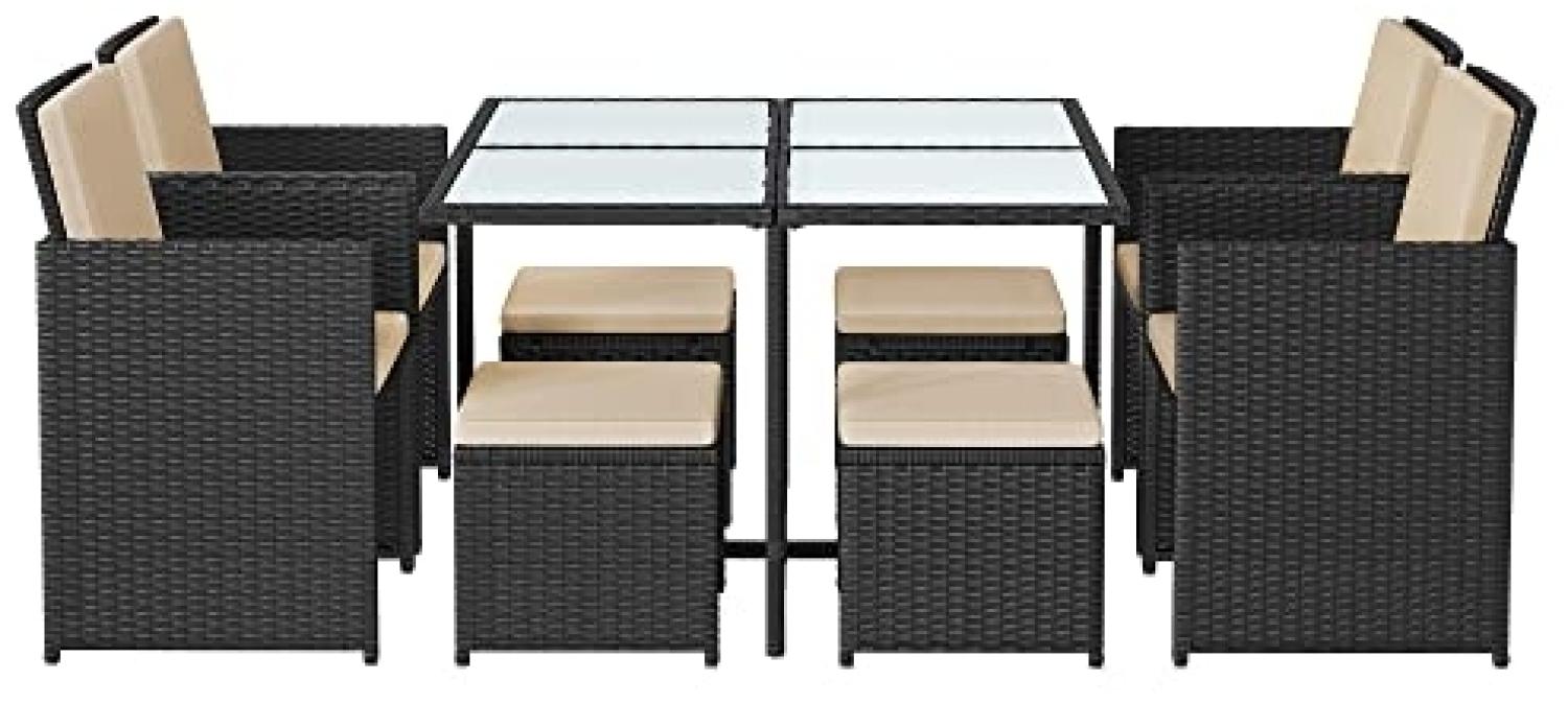 Balkonmöbel, Gartenmöbel-Set, Esszimmermöbel, Esstisch und Stühle, 9er Set, aus PE-Rattan, Terrassenmöbel, Couchtisch mit Glasoberfläche, mit Kissen, platzsparend, schwarz-beige GGF009B02 Bild 1