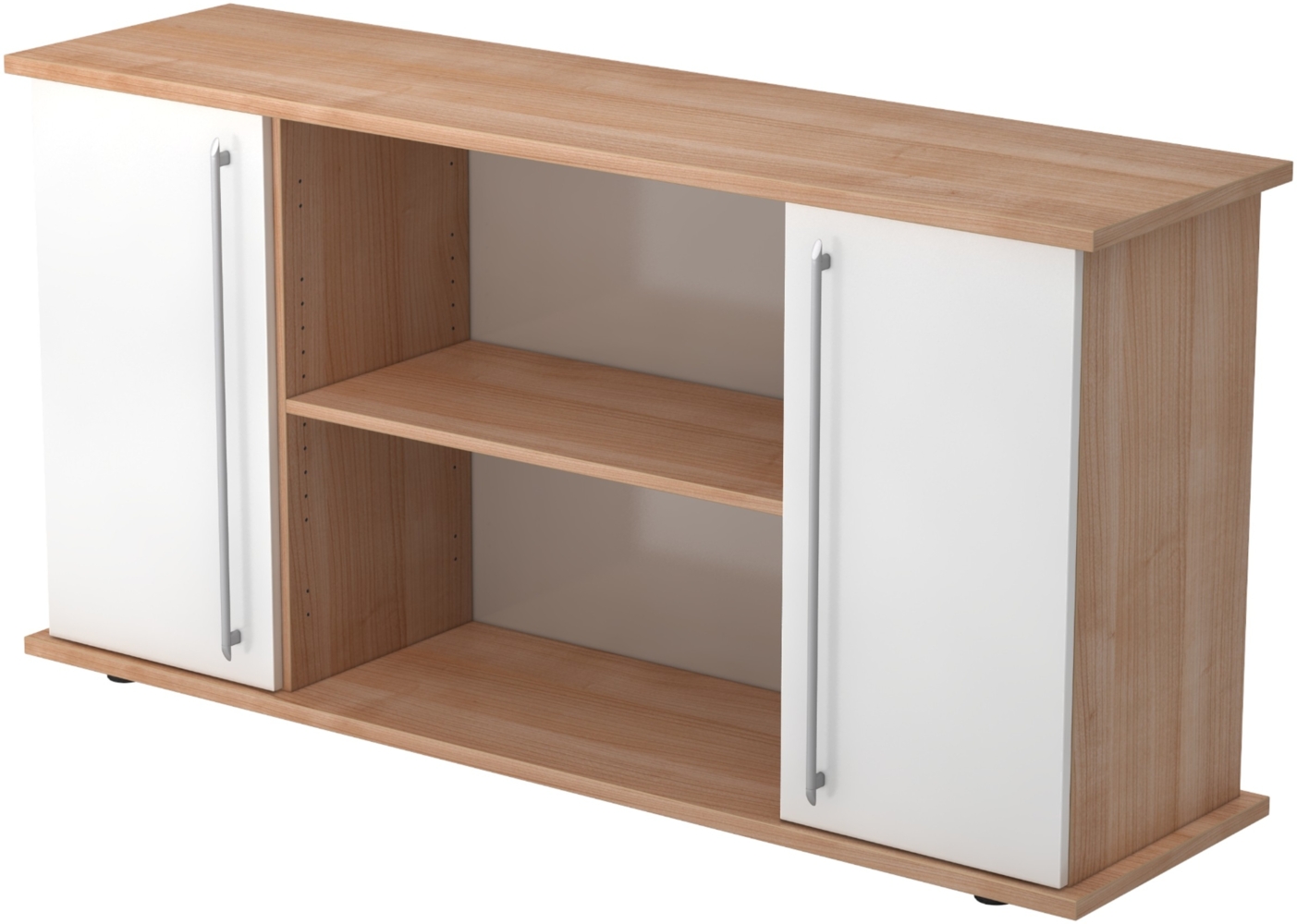 bümö Sideboard Nussbaum/Weiß mit Flügeltüren & Regal - Büromöbel Sideboard Holz 166cm breit, 45cm schmal, Büro Schrank für Flur oder als Wohnzimmer-Kommode mit Relinggriffen, SB2T-N-W-RE Bild 1