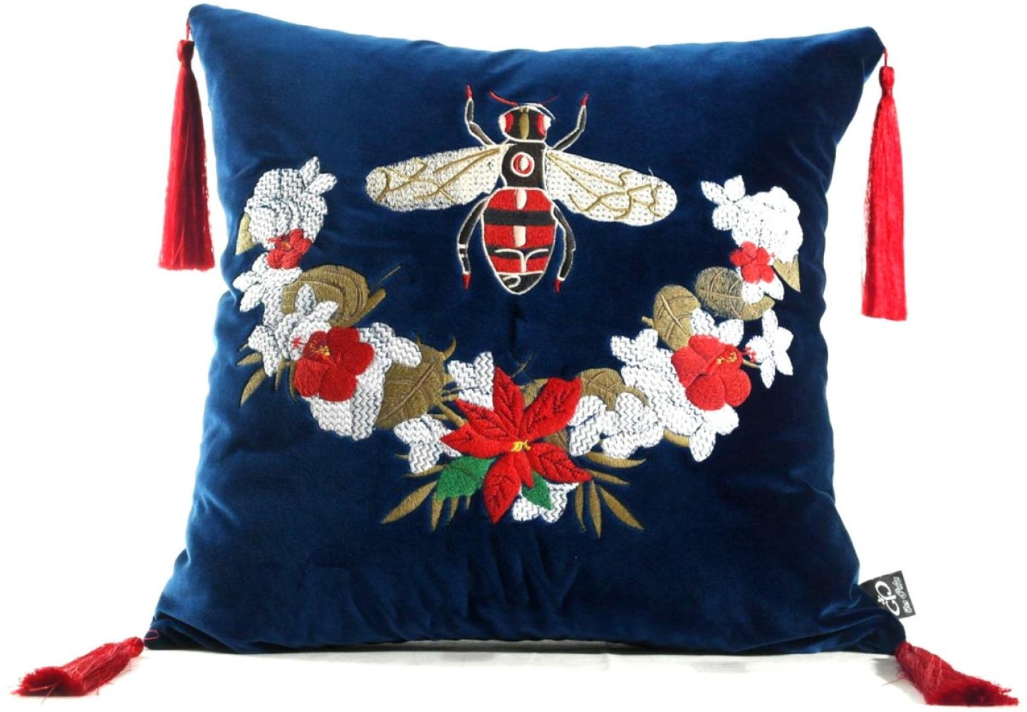 Casa Padrino Luxus Deko Kissen mit Troddeln Bee Blau / Mehrfarbig 45 x 45 cm - Feinster Samtstoff - Luxus Deko Accessoires Bild 1