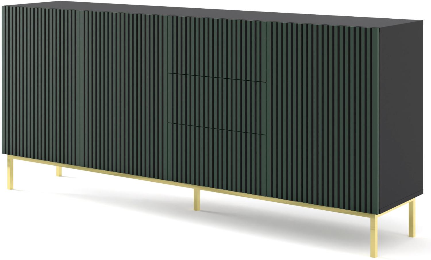 Domando Sideboard Montegrotto Modern Breite 200cm, Push-to-open-Funktion, besondere Fräsoptik, goldenes Gestell in Schwarz Matt Smaragdgrün und Goldgestell Bild 1