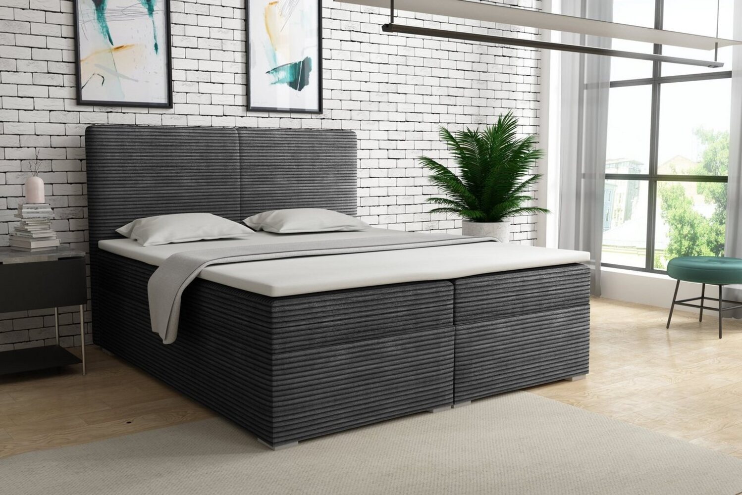 Deine Möbel 24 Boxspringbett LOFT III Boxspring Komplettbett Polsterbett Bonellfederkernmatratzen (Schwarz Graphit, Boxbett Cord Cord-Samt 120x200 140x200 160x200 180x200 200x200), inkl. Bettkasten Topper Matratzen H3 H4 Beige Creme Grau Bild 1