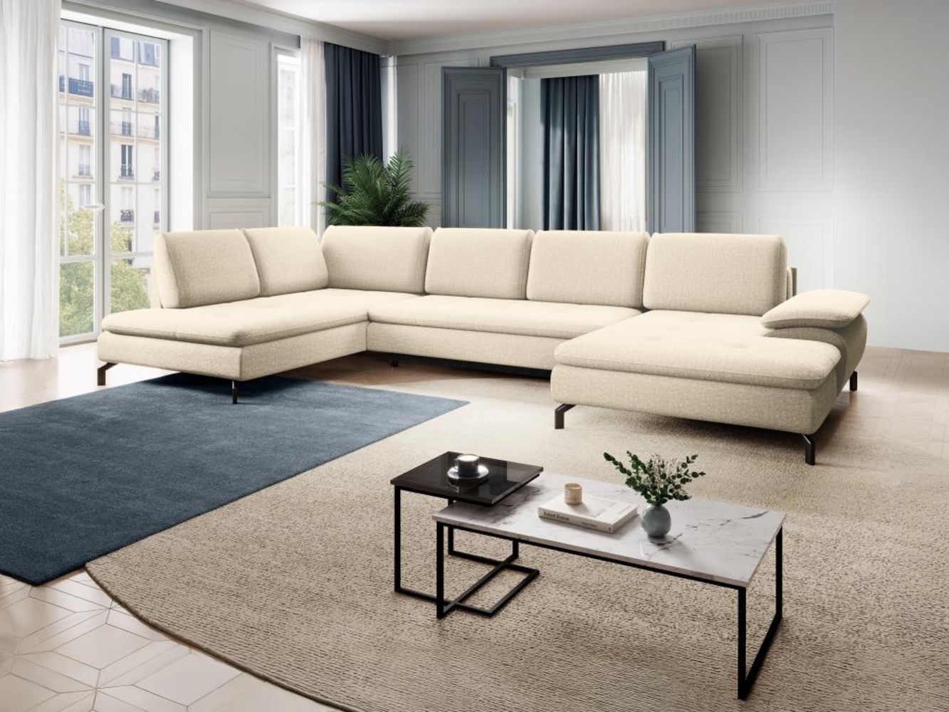 Vente-unique - Große Wohnlandschaft mit Schlaffunktion - Ecke links - Strukturstoff - Beige - ARCHIBALD Bild 1